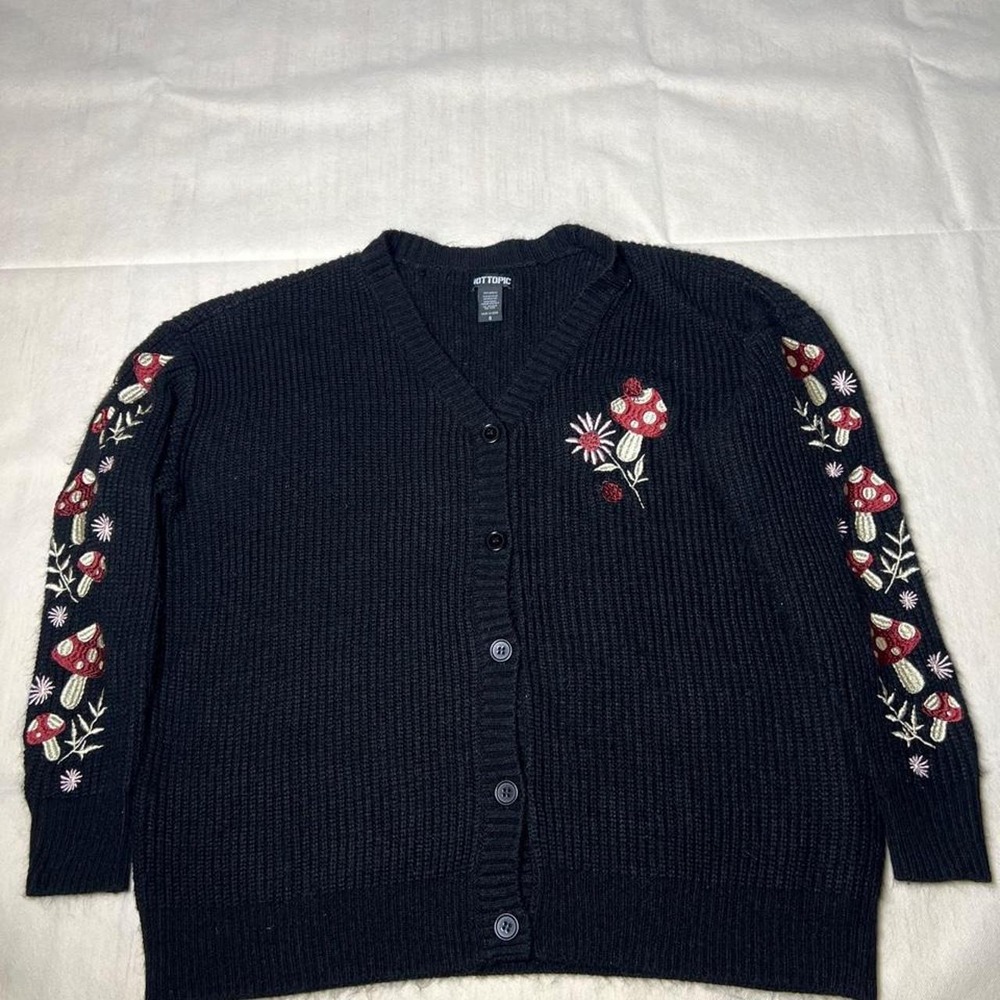 Hot Topic black acrylic cardigan with embroidered mushrooms and flowers